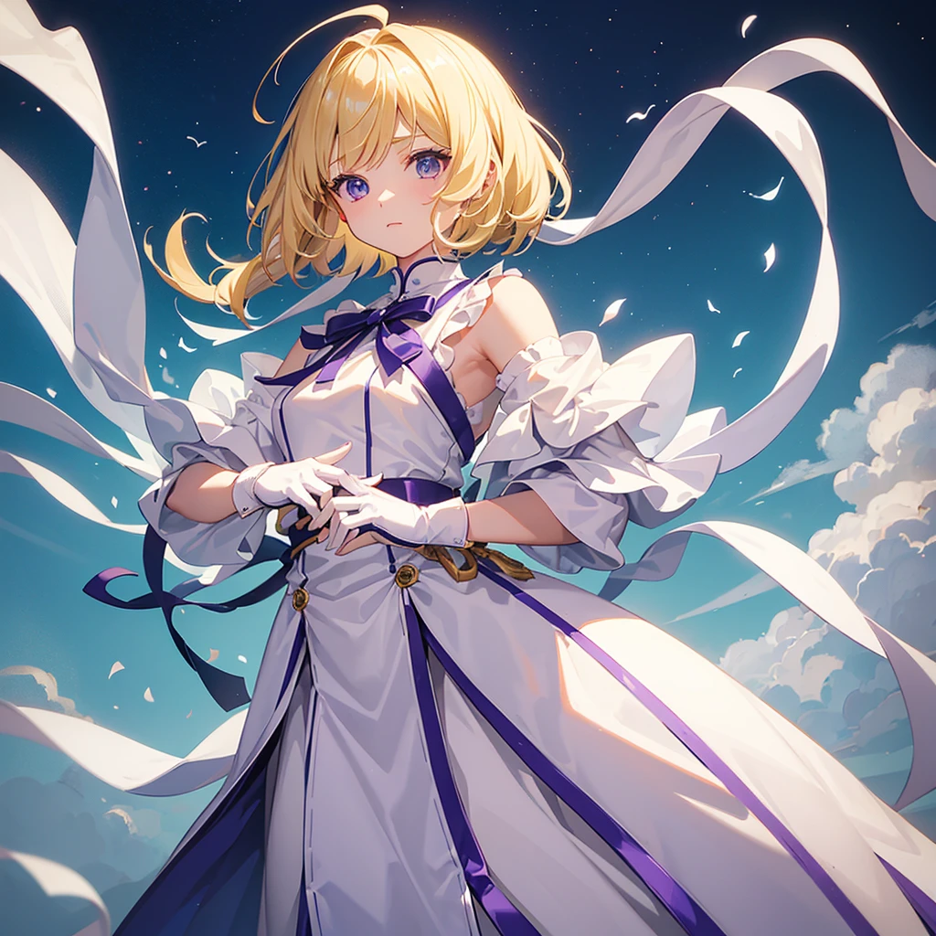 1 female、、、Blonde、Bobcut、Small green ribbons on either side of the head、White smock、Leather belt at waist、White boots、Purple collar、purple cloak、White leather gloves、Hands on hips、