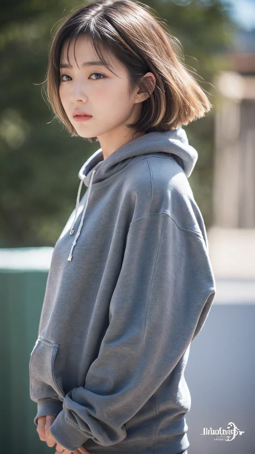 ((top-quality、8K、masterpiece:1.3))、sharp focus:1.2、Perfect beauty:1.4、Winters:1.2、((Creative Hair:1.8))、(short-hair:1.8)、(Modern style:1.2)、High-definition face and skin texture、Narrow-eyed、double eyelid、dark-colored hair、winter outside background、Take your eyes off、Design Hair、Oversized sweatshirt、(dark ilumination:1.8)、cowboy shot、Looks cold、(Works like a single page of VOGE:1.8)、Hair fluttering in strong winds、natural make up、(whitish bleached hair:1.5)、Nostalgic depiction、(Light bangs:1.7)、turtle neck、(1womanl:1.5)、Gray color、sideshot、Not looking here、
