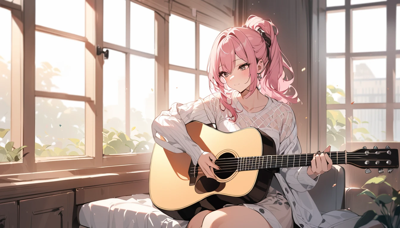 (Highest quality), One girl,Pink Hair,Playing Acoustic Guitar,In front of a large window,It's raining outside