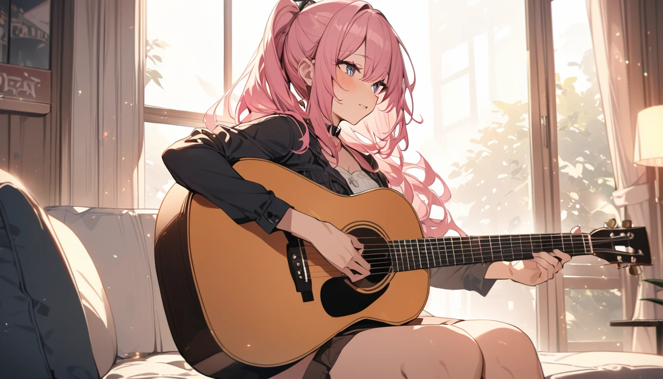 (Highest quality), One girl,Pink Hair,Playing Acoustic Guitar,In front of a large window,It's raining outside