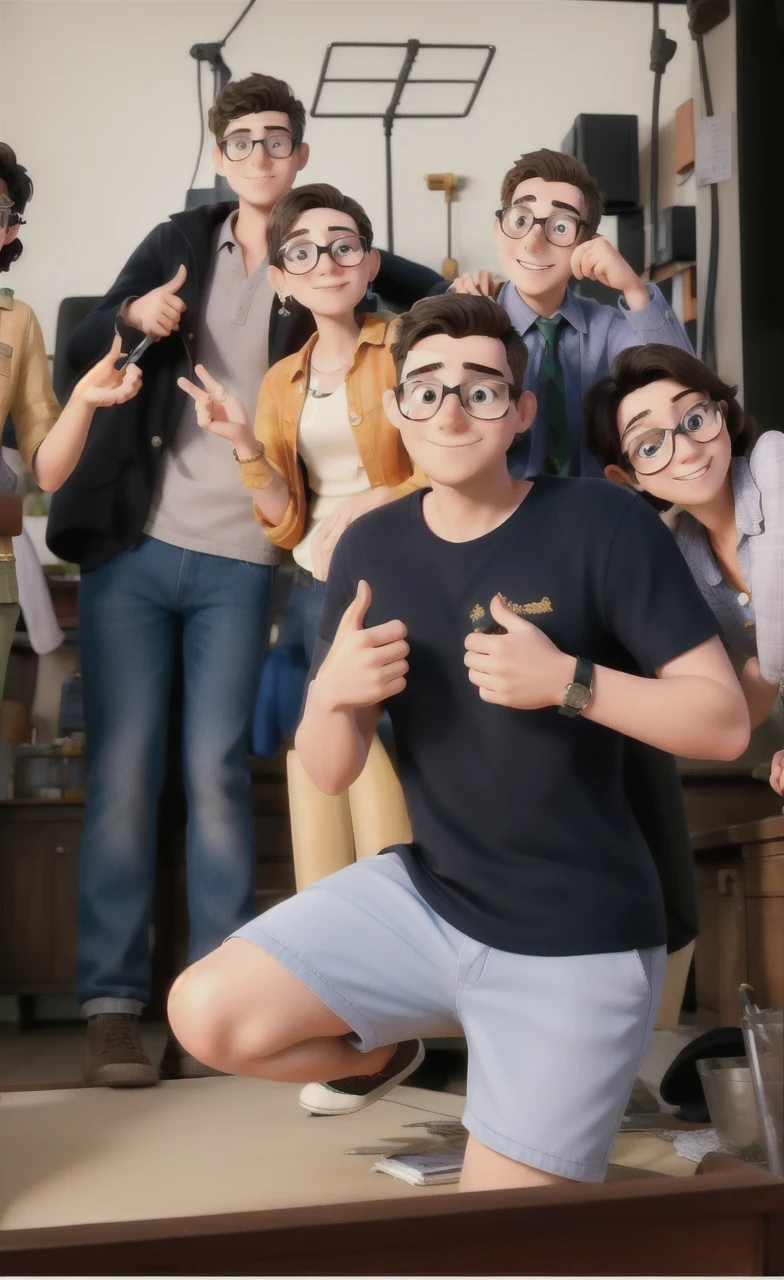 masterpiece, best quality, an Young man, boy, girl, boy use glasses, and madam happy