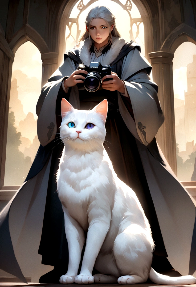 Creating a super high-quality image of a white cat with heterochromia, long fur, a cool and dignified stance, and standing. We will employ advanced macro photography techniques to emphasize the intricate details of the cat's complex fur and capture classic cat poses. Placing the camera at the eye level of the cat, we aim to establish an intimate connection between the viewer and the subject. To enhance the texture and contours of the cat's body, we will improve the lighting. Capturing the cat in a relaxed, balanced posture that showcases its flexibility and grace, we'll attempt to seize the moment in natural motion and enhance the image's clarity. This will result in a cute, detailed digital artwork of a standing anime cat with beautiful, realistic anime-style visuals, suitable for 4K anime art wallpapers.