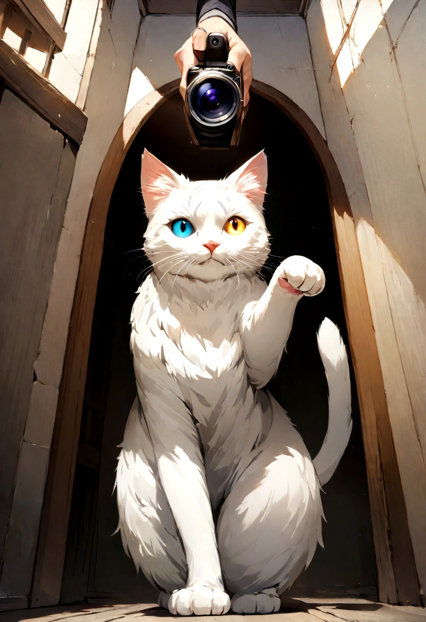 Creating a super high-quality image of a white cat with heterochromia, long fur, a cool and dignified stance, and standing. We will employ advanced macro photography techniques to emphasize the intricate details of the cat's complex fur and capture classic cat poses. Placing the camera at the eye level of the cat, we aim to establish an intimate connection between the viewer and the subject. To enhance the texture and contours of the cat's body, we will improve the lighting. Capturing the cat in a relaxed, balanced posture that showcases its flexibility and grace, we'll attempt to seize the moment in natural motion and enhance the image's clarity. This will result in a cute, detailed digital artwork of a standing anime cat with beautiful, realistic anime-style visuals, suitable for 4K anime art wallpapers.