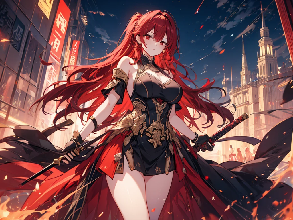 Anime style painting, Aurora, Heavy makeup, Holding a sword, An illustration, Calm expression, Perfect hands, elder, Redhead, Dignity at 50, ほろ酔いのwoman, alone、masterpiece、Highest quality、(Babes)、Fractal Art、Red eyes、Narrow eyes、Black and red dress, Reddish lips、From the shoulders up、Serious face、一人のwoman、{{{Red Long Ponytail}}}, Curly Hair, Red eyes,Golden accessories, alone, Big Breasts, woman, Take-out, Provocative laughter,40 year old woman,Queen of Sadism, Perfect Human Medicine,Acheron, Estilo Genshin Impact, Combat pose, Very detailed, High resolution, whole body, Sword Rain Red, Black Hole Red