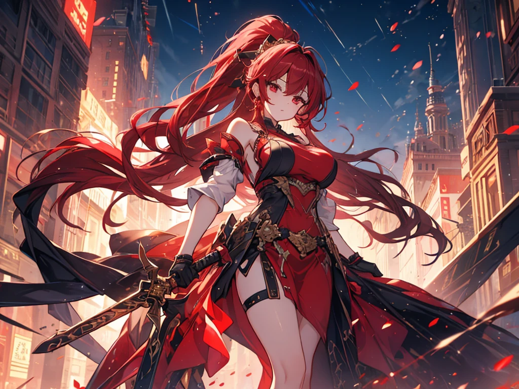 Anime style painting, Aurora, Heavy makeup, Holding a sword, An illustration, Calm expression, Perfect hands, elder, Redhead, Dignity at 50, ほろ酔いのwoman, alone、masterpiece、Highest quality、(Babes)、Fractal Art、Red eyes、Narrow eyes、Black and red dress, Reddish lips、From the shoulders up、Serious face、一人のwoman、{{{Red Long Ponytail}}}, Curly Hair, Red eyes,Golden accessories, alone, Big Breasts, woman, Take-out, Provocative laughter,40 year old woman,Queen of Sadism, Perfect Human Medicine,Acheron, Estilo Genshin Impact, Combat pose, Very detailed, High resolution, whole body, Sword Rain Red, Black Hole Red
