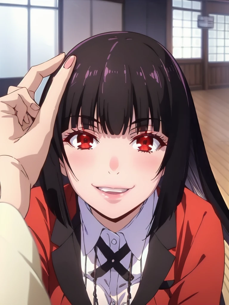 best quality, masterpiece, portrait, (close up:1.2), upper body, arms behind back, pov,
1girl, jabami yumeko,dynamic_pose, evil smile, , blunt bangs, black hair, red jacket, indoors, classrooom, smile, looking at viewer, ai-generated , good hand, upper body,