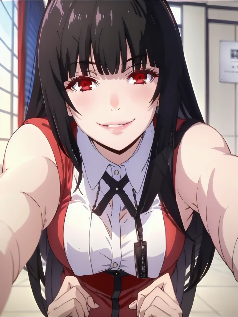 best quality, masterpiece, portrait, (close up:1.2), upper body, arms behind back, pov,
1girl, jabami yumeko,dynamic_pose, evil smile, , blunt bangs, black hair, red jacket, indoors, classrooom, smile, looking at viewer, ai-generated , good hand, upper body, 
