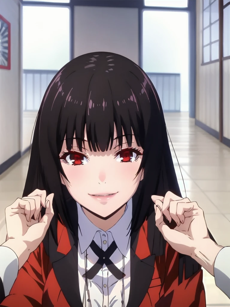 best quality, masterpiece, portrait, (close up:1.2), upper body, arms behind back, pov,
1girl, jabami yumeko,dynamic_pose, evil smile, , blunt bangs, black hair, red jacket, indoors, classrooom, smile, looking at viewer, ai-generated , good hand, upper body, 
