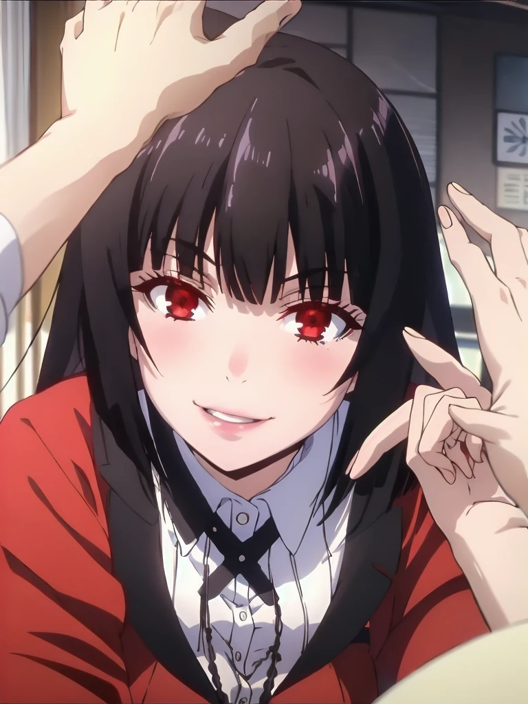 best quality, masterpiece, portrait, (close up:1.2), upper body, arms behind back, pov,
1girl, jabami yumeko,dynamic_pose, evil smile, , blunt bangs, black hair, red jacket, indoors, classrooom, smile, looking at viewer, ai-generated , good hand, upper body,