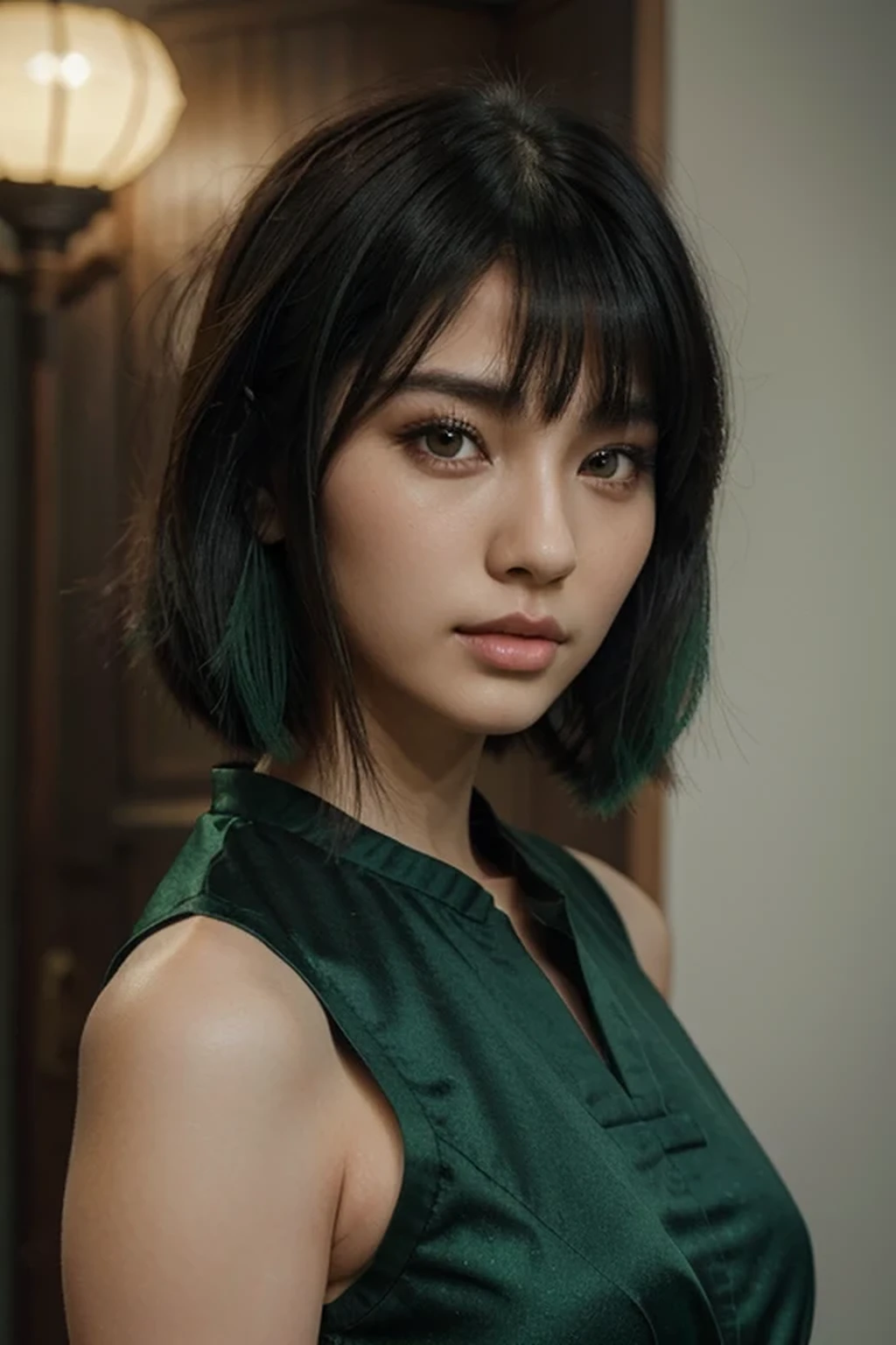 a girl with long wolf cut hairstyle, green and black hair, looking forward, beautiful face, masterpiece, best quality, asian clothing, korean girl, emerald green eyes, masterpiece, with 4:5 ratioportrait.