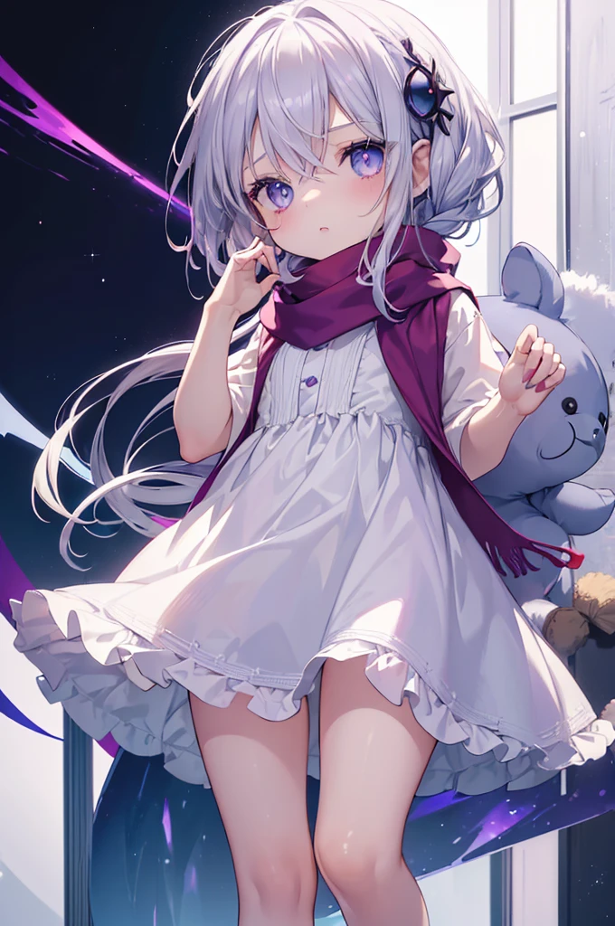 (((masterpiece))), (((best quality))),(((high detail))),light manipulation, darkness manipulation, portal manipulation, girl with silver hair, a normal eye on the left, a gradient purple to sky blue eye on the right, wearing a white dress, a red scarf, a white eyepatch on her right eye, (((loli))), (((child))) , galaxy background, holding a teddy bear, feet, no footwear