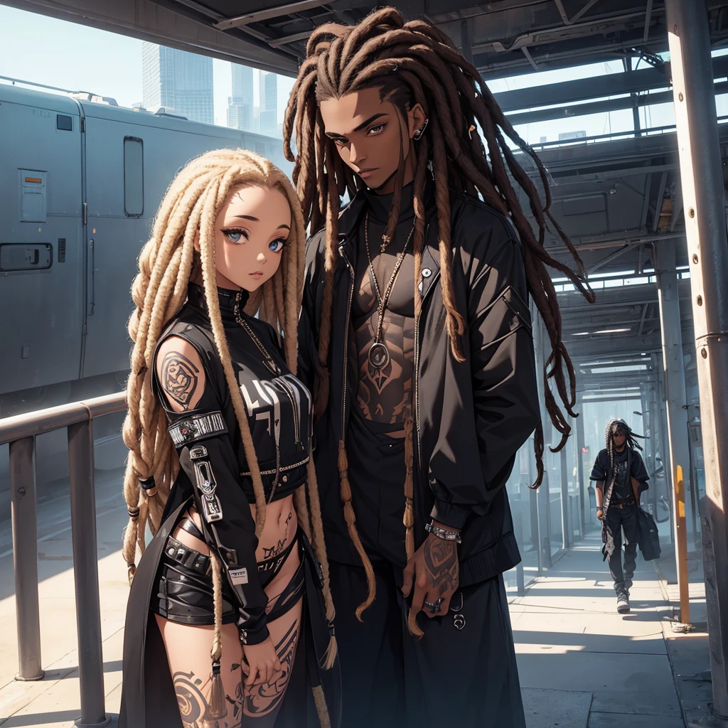 woman. mulatta. He has dreadlocks in his hair. has tattoos. He is wearing black clothes. futuristic scenery