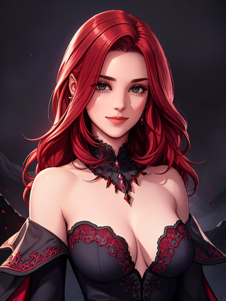 portrait shot, ((vivid red hair)), mature woman, 30 years old, diamond face, moonlight, red starry sky background, depth of field, magic, big red lips, ((dark black eyes)) black and red long and full dress, covered chest, mystical atmosphere, ominous shadows, Intense blue aura, Intense red aura (best quality:1.2), absurdres, intricate details, (highly detailed skin:1.2), smile expression, posing, taut and well defined body, attractive. Highly realistic, pale skin, beautiful, hyperrealism, skin very elaborated, direct gaze