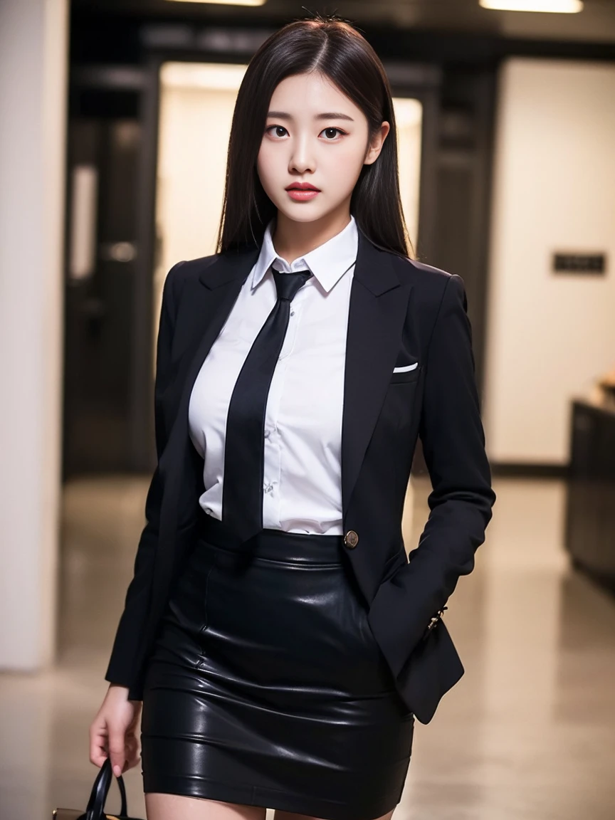 (Best Quality, High Quality,16k:1.5),young woman,20 years old ,huge breast, voluptuous ,business black Suit and collared shirt and tight black skirt,reality shot,