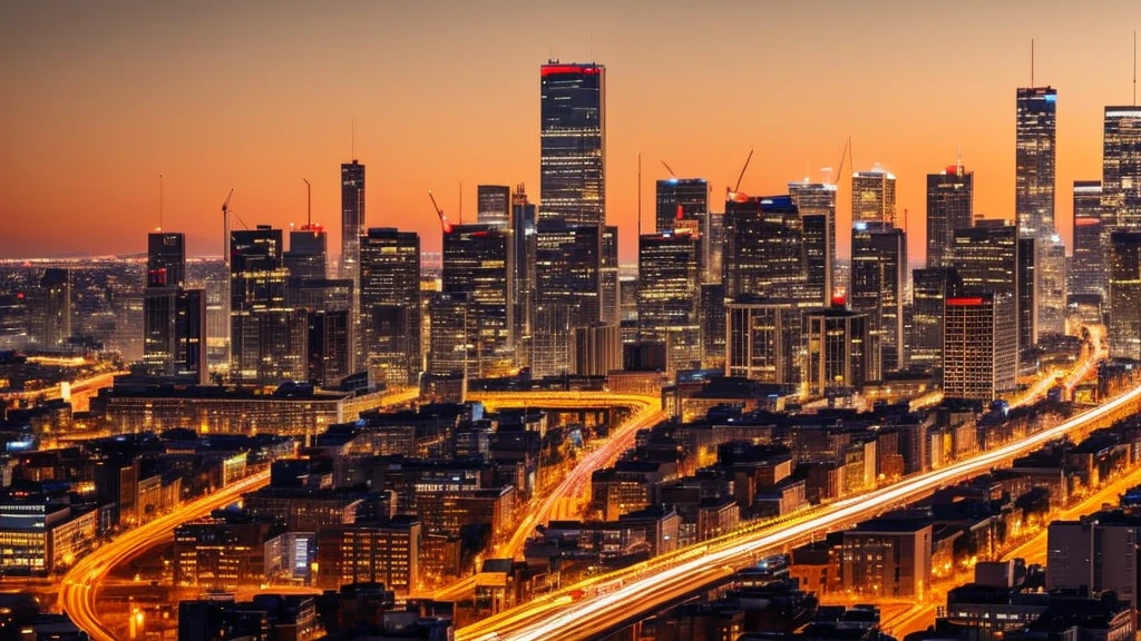 View of a large city with tall buildings illuminated by lights, as the sun sets and the sky is golden, with busy streets filled with people enjoying the evening.