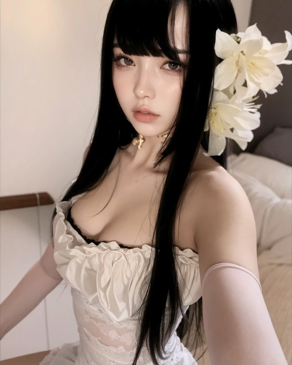 a close up of a woman with long black hair using a chokehold, cruel korean goth girl, 18-years old, pale goth beauty, dilraba dilmurat, 1 7 - year - old goth girl,  korean, 1 8 I, 2 2 years old, goth girl aesthetic, xision wu, 2 4 years old female model, 1 6 years old
