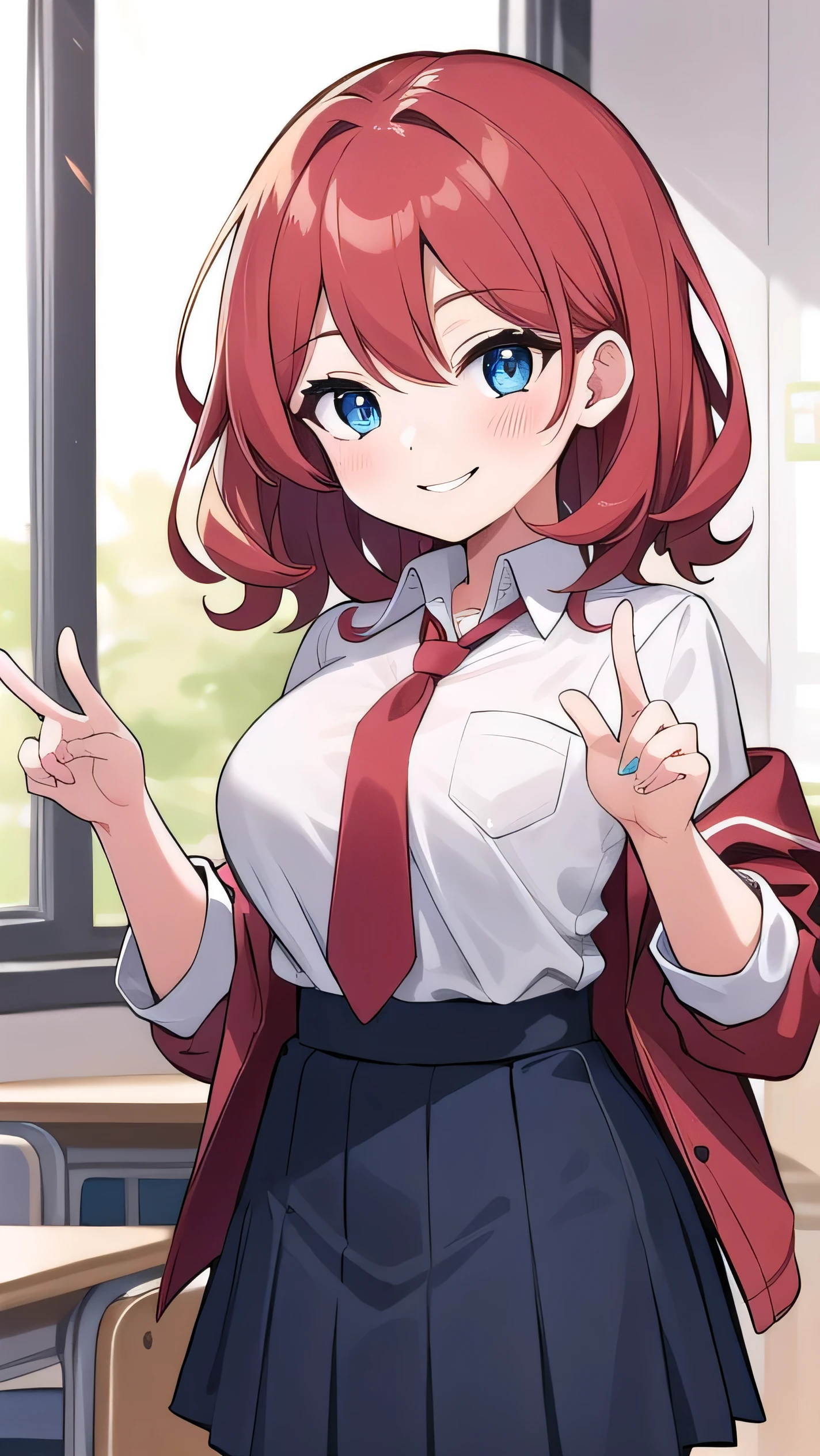 Big breasts, red hair, blue eyes, droopy eyes, red jacket, long sleeves, navy skirt, elementary school student, super big breasts, (medium hair: 1.2), baggy clothes, elementary school student, young face, short height, , old, shy A shy guy, smiling a little, trying to open the buttons of his shirt, white shirt, red tie,straight hair , gentle smile, a little smile