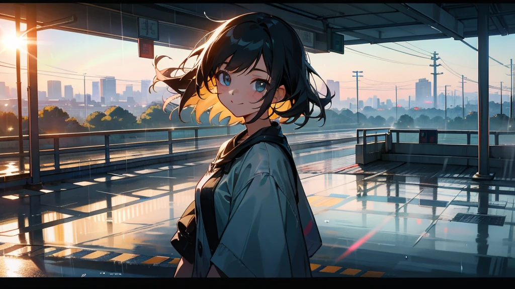 Girl on the road overpass,smile,Early in the morning,It was just raining lightly,Clear air,Sunlight and rainwater on the road reflect off the buildings,The screen is displayed from top to bottom,Background in cool tones