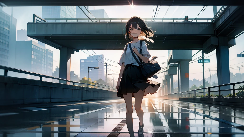 Girl on the road overpass,smile,Early in the morning,It was just raining lightly,Clear air,Sunlight and rainwater on the road reflect off the buildings,The screen is displayed from top to bottom,Background in cool tones