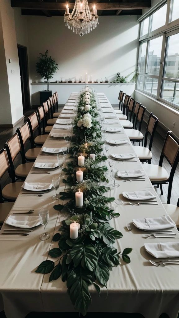 Main table of a simple and minimalist wedding party, with a panel of plants and decorative tables