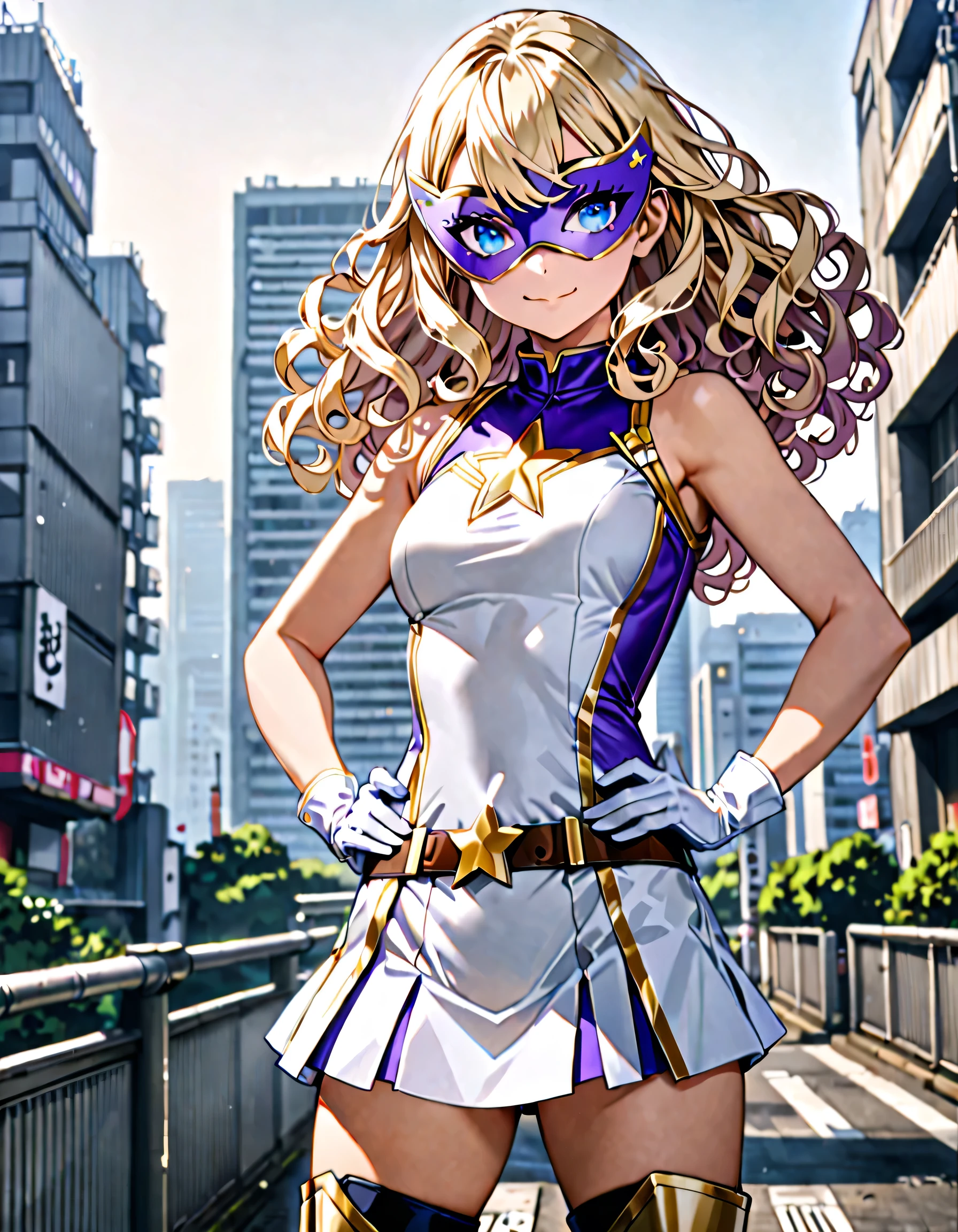 One girl, Medium chest, (((Upper Body))),(((leotard, White and blue leotard, No sleeve, White mini skirt))),(((White and blue leotard))), ((Tight belt, Gold belt)), ((boots, matching boots, ankle boots, white boots)), ((gloves, white gloves)), Urban Background, tokyo Urban Background, alone, single, Hands on hips, Are standing, (((Upper Bodyショット))), Cowboy Shot, superhero, ((Beautiful attention to detail)), (Gold star symbol on chest), (((Purple eye mask))),(((blue eyes))),(((Blonde Hair, Medium length curly hair, blue eyes))),(smile), (Perfect Anatomy), masterpiece, (((Highest quality))),