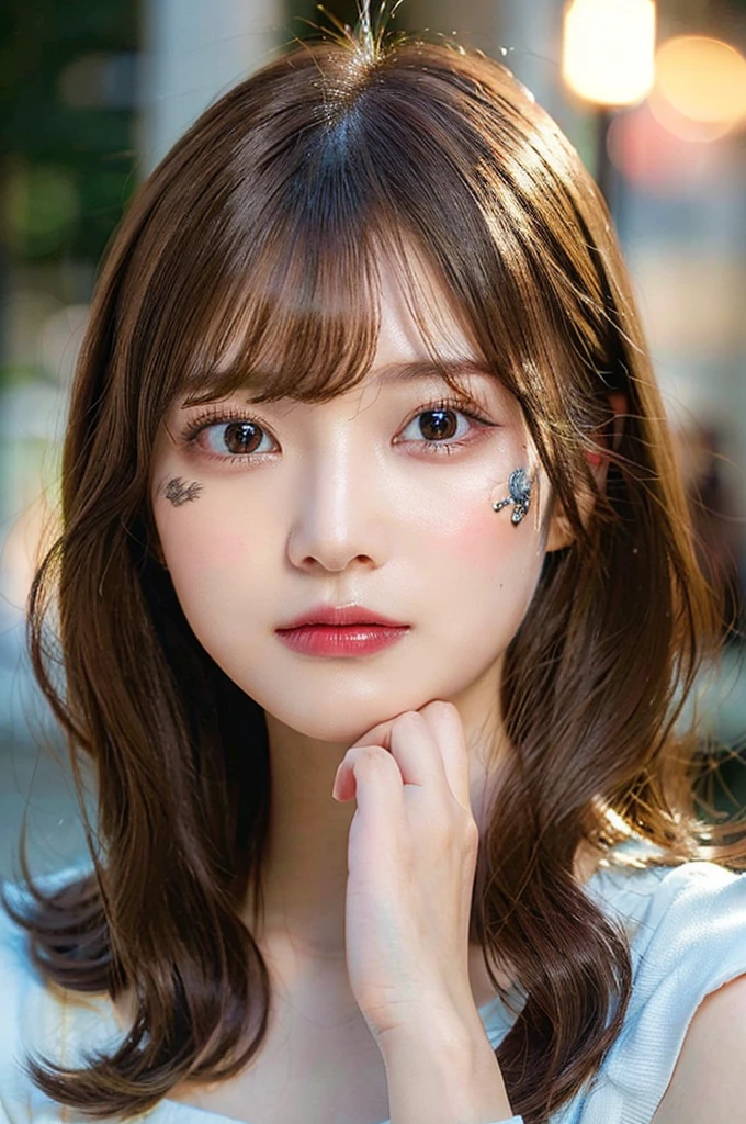 (masterpiece:1.5)、(Realistic:1.5)、(Highest quality:1.4、8K、RAW Photos)、 Ultra-high resolution、Professional Lighting、Perfect dynamic composition、Film Grain、chromatic aberration、(Bokeh:1.1)、 Frank、Sophisticated、charm、超Realistic、High detail、Golden Ratio、 girl)、繊細でcharmgirl、Cute Woman:1.4、 Light brown hair、Hairstyle: Long Hair、 Realistic looking skin、Beautiful Eyes、double eyelid、mouth mask