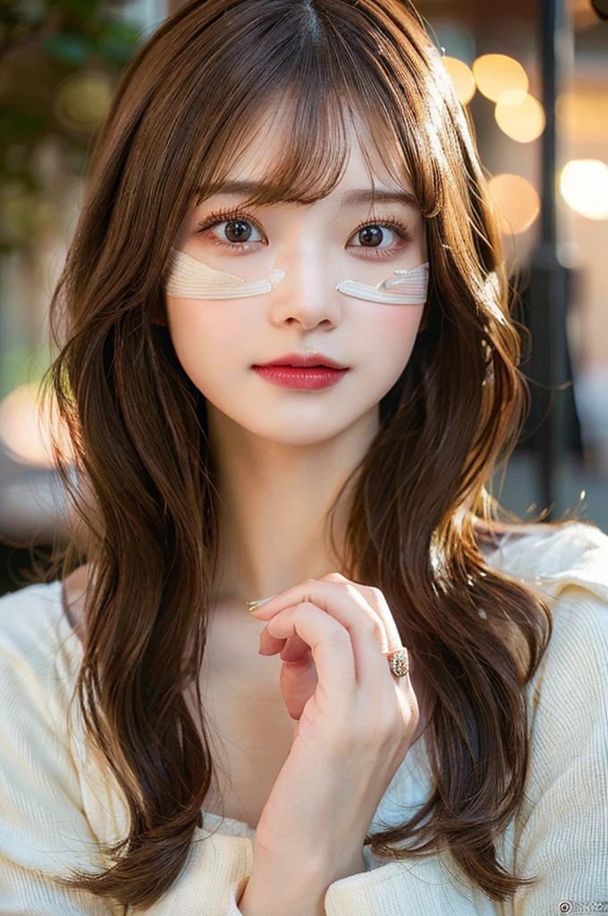 (masterpiece:1.5)、(Realistic:1.5)、(Highest quality:1.4、8K、RAW Photos)、 Ultra-high resolution、Professional Lighting、Perfect dynamic composition、Film Grain、chromatic aberration、(Bokeh:1.1)、 Frank、Sophisticated、charm、超Realistic、High detail、Golden Ratio、 girl)、繊細でcharmgirl、Cute Woman:1.4、 Light brown hair、Hairstyle: Long Hair、 Realistic looking skin、Beautiful Eyes、double eyelid、mouth mask