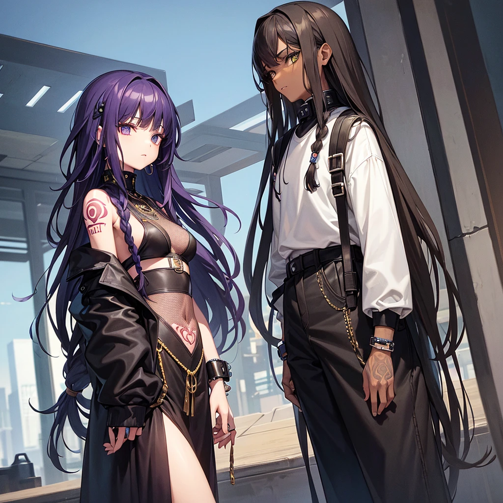 woman. mulatta. He has dreadlocks in his hair. has tattoos. He is wearing black clothes. futuristic scenery