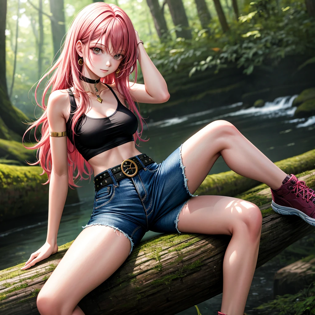 (((highest quallity))), 1 girl, alone, sitting on a log, at a forest, nblurry background, choker, bracelete, aretes, perfect hands, shorts jeans, black t-shirt tucked into shorts, waist belt, no censure, looking at the spectator,(((medium breasts: 1.2))), long pink hair 