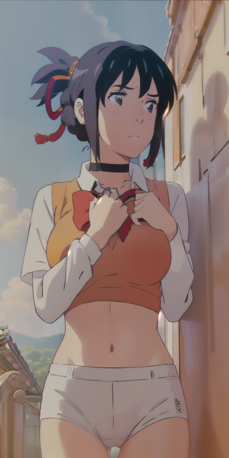 Miyamizu_Mitsuha, Red bow tie,
jewelry, White Yoga Crop Top, White Yoga Tight Shorts, Place your hand on your chest,See-through, View your viewers, hair ornaments, choker, shy,
(masterpiece, Highest quality, Highest quality, Official Art, beautifully、aesthetic:1.2), (1 Girl), Very detailed, colorful, Most detailed,
(Huge breasts:1.2, Upper Body, From below, Camel Toe, ) White panties,
Chinese cities,street, sun, cloud, wall, Tilt,