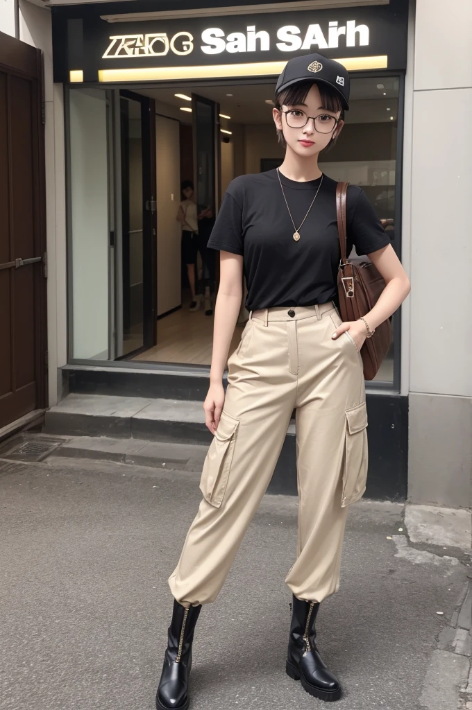 skin fair, short hair of course, brown dark eyes, 1,65 tall, weighing 70kg, slightly spotted, some piercing, glasses, pompom cap, light outfits, cargo pants, 16y style, black leather boot, neutral appearance without masculine or feminine features.