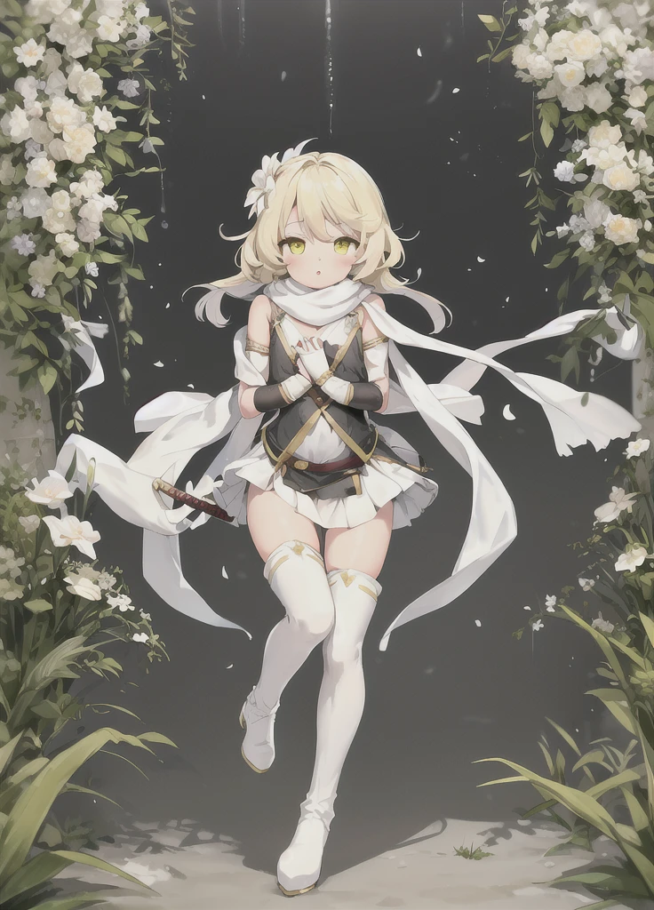 Highest_quality, masterpiece,
One girl, chest, blonde_hair, 一人in, Light_dress, white_dress, yellow_eye, arms, hair_ornament, chestの谷between, hair_flower, flower, sword, Holding_arms, Looking_in_Audience, thighhighs, 前hair, Holding_sword, just_shoulder, white_scarf, scarf, boots, thigh_boots, gloves, independent_sleeve, full_body, white_thighhighs, Side Lock, Grass, Moderate_chest, white_footwear, hair_between_eye, black_gloves, Broke up_lips, Partially_Fingerless_gloves, feinhers