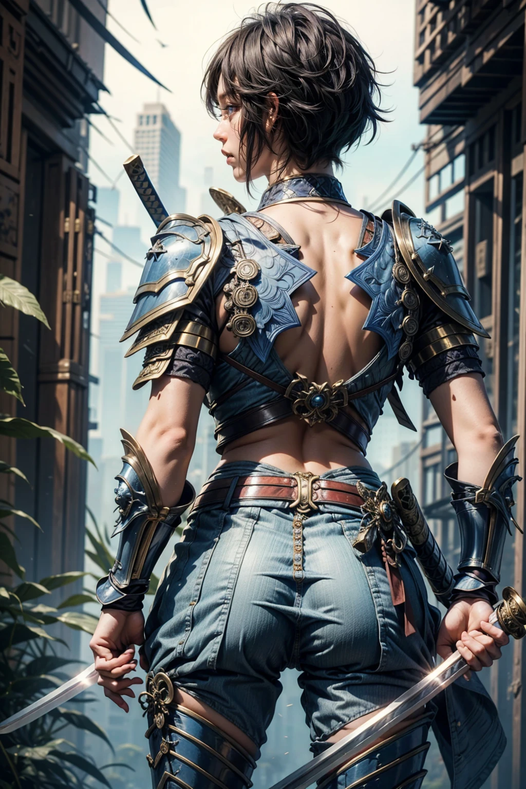 blue samurai girl, very short brunette hair, with sexy blue samurai armor on his back, showing your back, katana sword