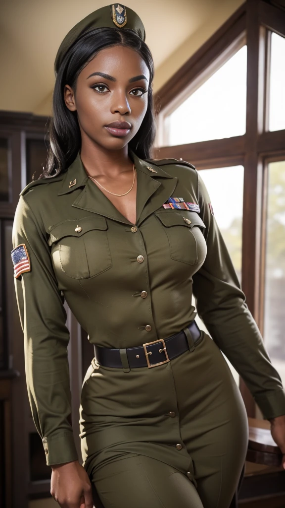 arafed woman (), detailed curly black hair, hourglass figure, athletic build, tan skin, soft lighting, 1940s army captain outfit, hat,shirt and neck tie,vintage soldier, detailed outfit, exterior battlefield, adult woman, beautiful woman, gorgeous, woman, full body, sexy woman,WWII vintage Army officer's dress uniform