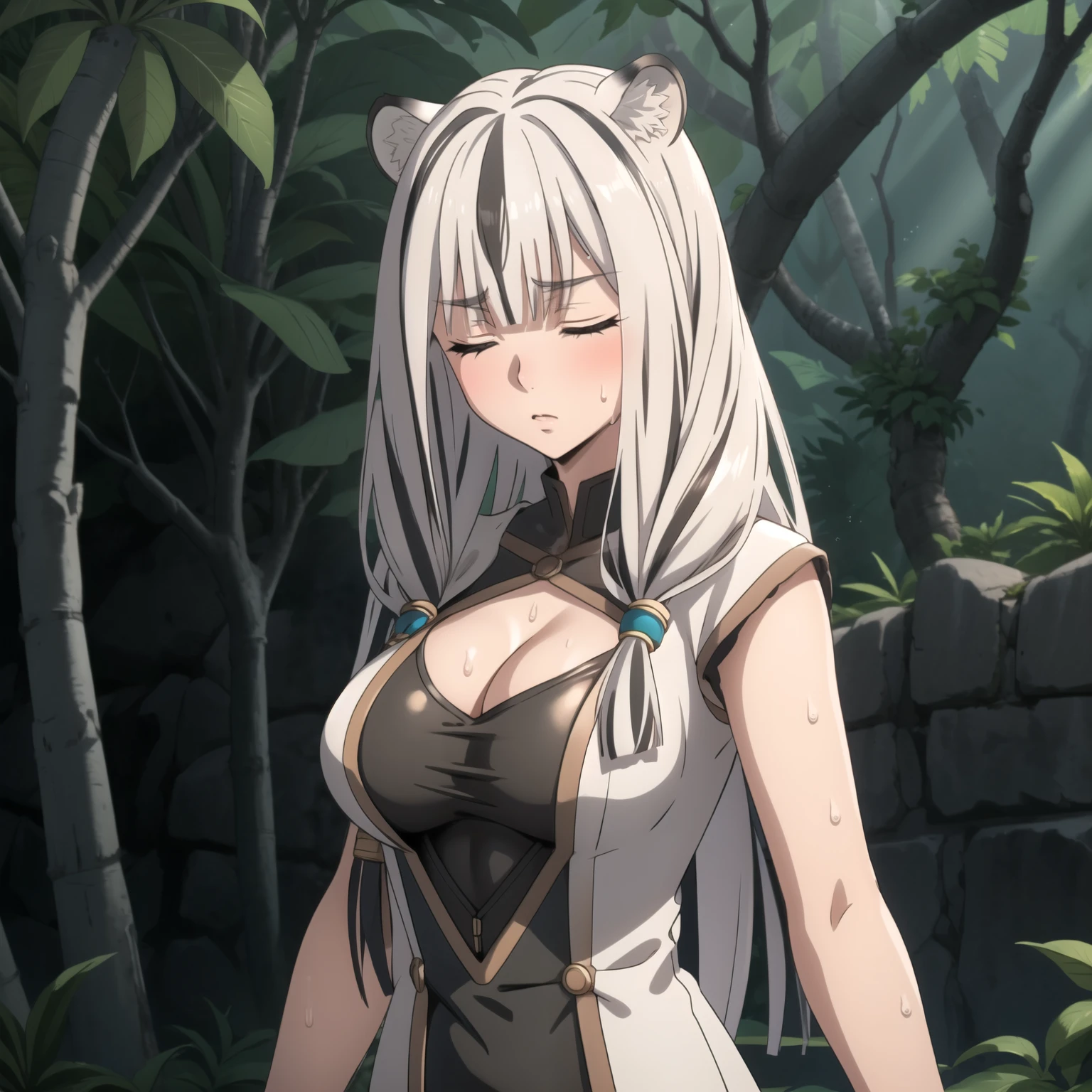 Atlas Fayon woman 40 years, white hair with black stripes ,white tiger ears, closed eyes, mujer ciega con closed eyes, spore costume, low cut black leather tops, leather shorts, explorer, big breasts,, background some mayan ruins in the middle of the jungle. sweat on the body, sweaty leather,