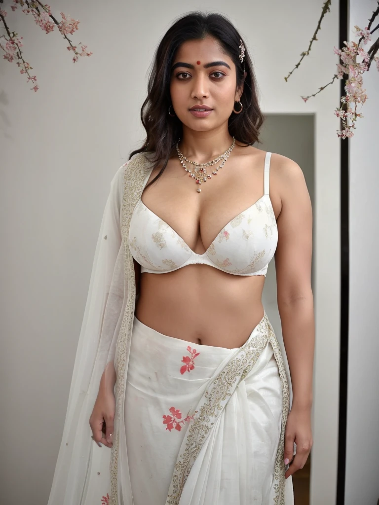 a woman padded different bra and saree, heading in or out the door,,big cheeks, curvy, hourglass figure, swooping , deep cleavagarms, sexy armpits,bienis, nipples, ascklace,face,rounace, beautiful face,(cinematic:1.3),a woman in a white sari with red cherry print on it, in front of white back drop, dressed in a sari, inspired by Ambreen Butt, white sarong, a beautiful w in white, dressed in a beautiful white, indian super model, fully covered in drapes, indian, flowing sakura silk, wearing a sari, indian goddess, traditional beauty, thicc,