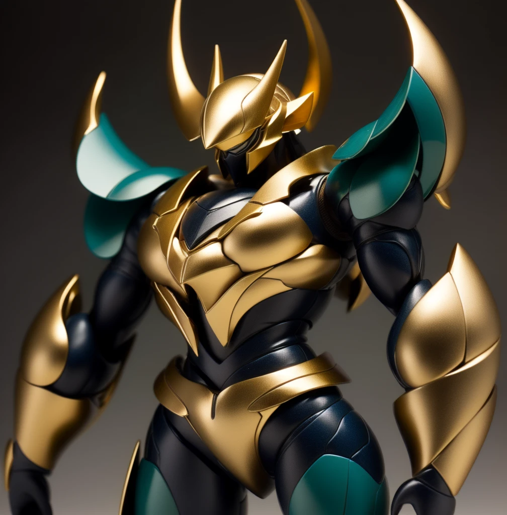 Two long horns on head, golden horns, horns on both shoulders, golden armor, dark night background, high quality, blue visor,