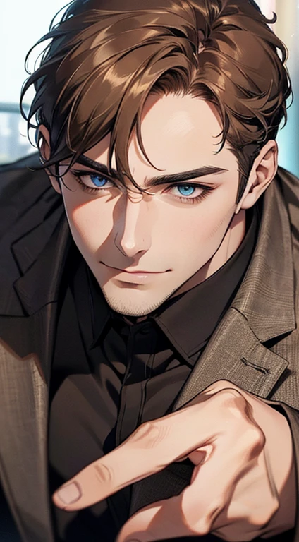(best quality,4k,8k,highres,masterpiece:1.2),ultra-detailed,(realistic,photorealistic,photo-realistic:1.37),1 man,31 years old,mature man,very handsome,without expression,smile,short grey brown hair,blue eyes,penetrating gaze,perfect face without errors,imposing posture,businessman,office background,cinematic lighting,hdr image