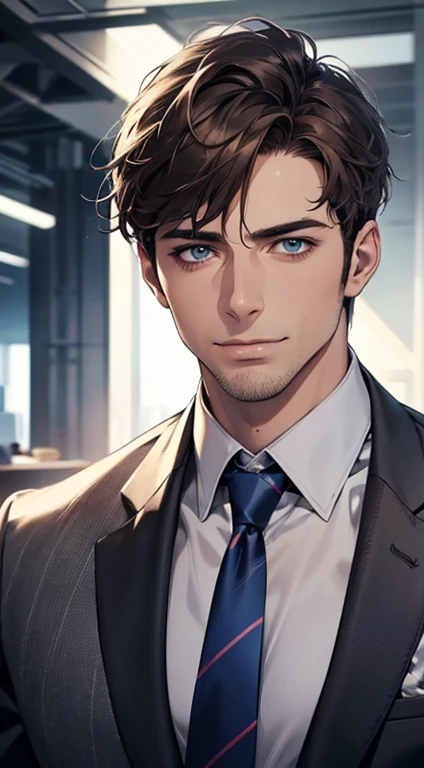 (best quality,4k,8k,highres,masterpiece:1.2),ultra-detailed,(realistic,photorealistic,photo-realistic:1.37),1 man,31 years old,mature man,very handsome,without expression,smile,short grey brown hair,blue eyes,penetrating gaze,perfect face without errors,imposing posture,businessman,office background,cinematic lighting,hdr image