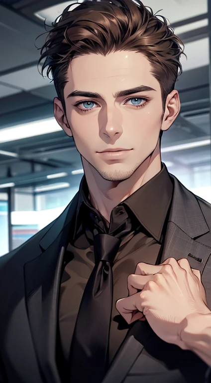(best quality,4k,8k,highres,masterpiece:1.2),ultra-detailed,(realistic,photorealistic,photo-realistic:1.37),1 man,31 years old,mature man,very handsome,without expression,smile,short grey brown hair,blue eyes,penetrating gaze,perfect face without errors,imposing posture,businessman,office background,cinematic lighting,hdr image