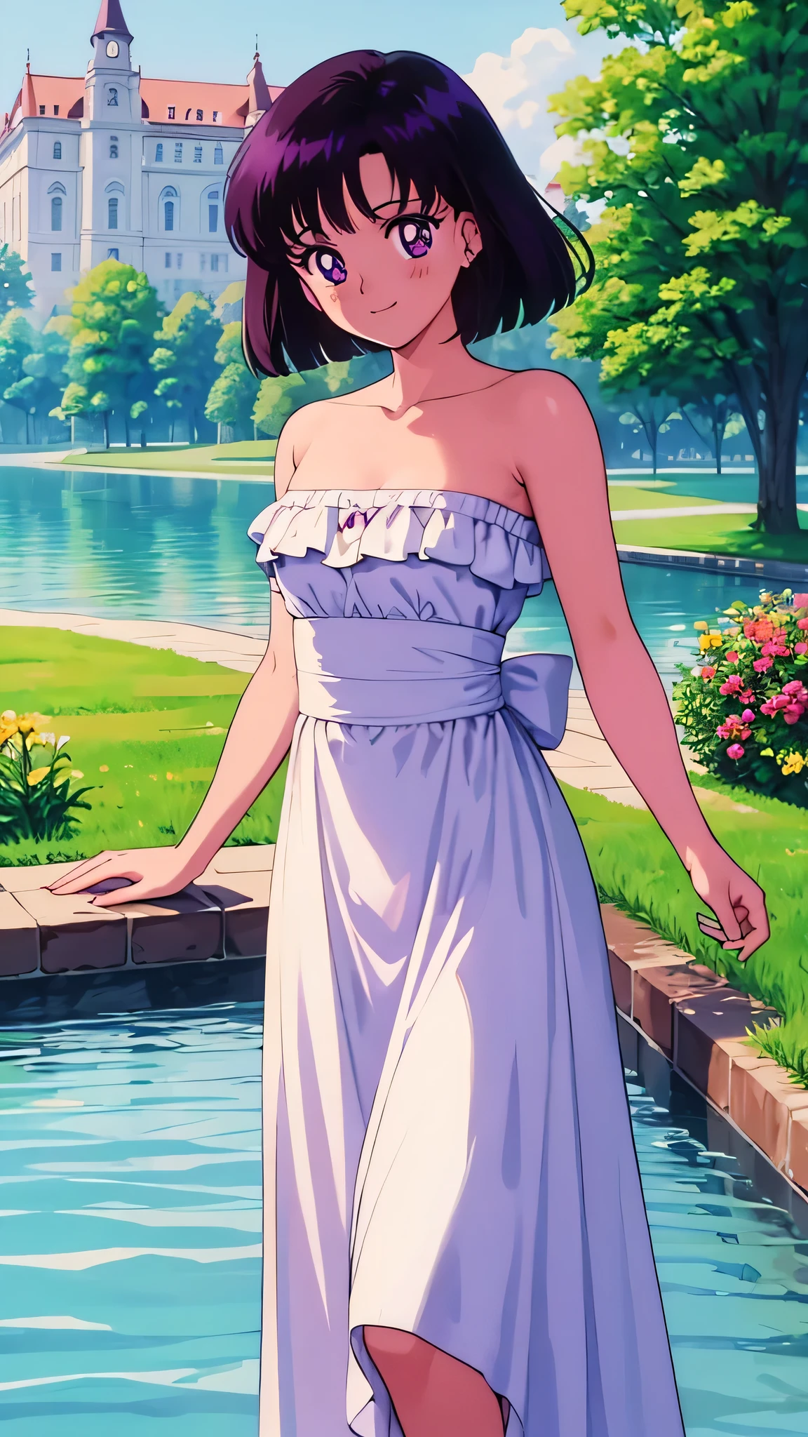 1990s \(style\), masterpiece, best quality, highres, outdoors, small breasts, 1 girl, Solo, Hotaru Tomoe, Purple Eyes, Beautiful Detail Eyes, Black Bob Hair, Arms at Sides, Smile, Blushing, Bare Neck, Bare Shoulders, strapless, White Ruffle Off-the-Shoulder maxi dress. Cowboy shot. A mansion with a lake with an ocean waves. and a green maze. In the center. Standing straight