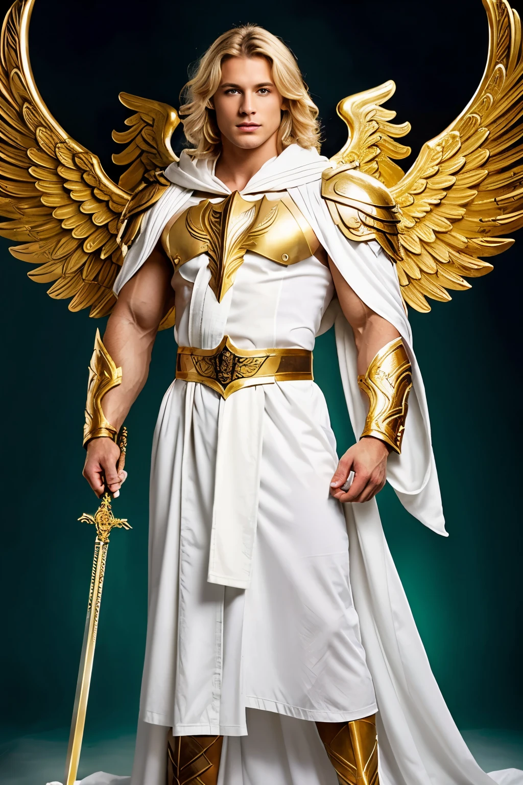 Archangel, with blonde hair with brown tips, blue-green eyes, four WHITE wings WITH LARGE GOLDEN TONES with eyes around him, aesthetic muscular body, white robe clothing that reaches from his shoulder to hip covering half of the body and the other half of it is exposed to his muscles, right hand holding a large golden angel sword, anatomically correct. War background