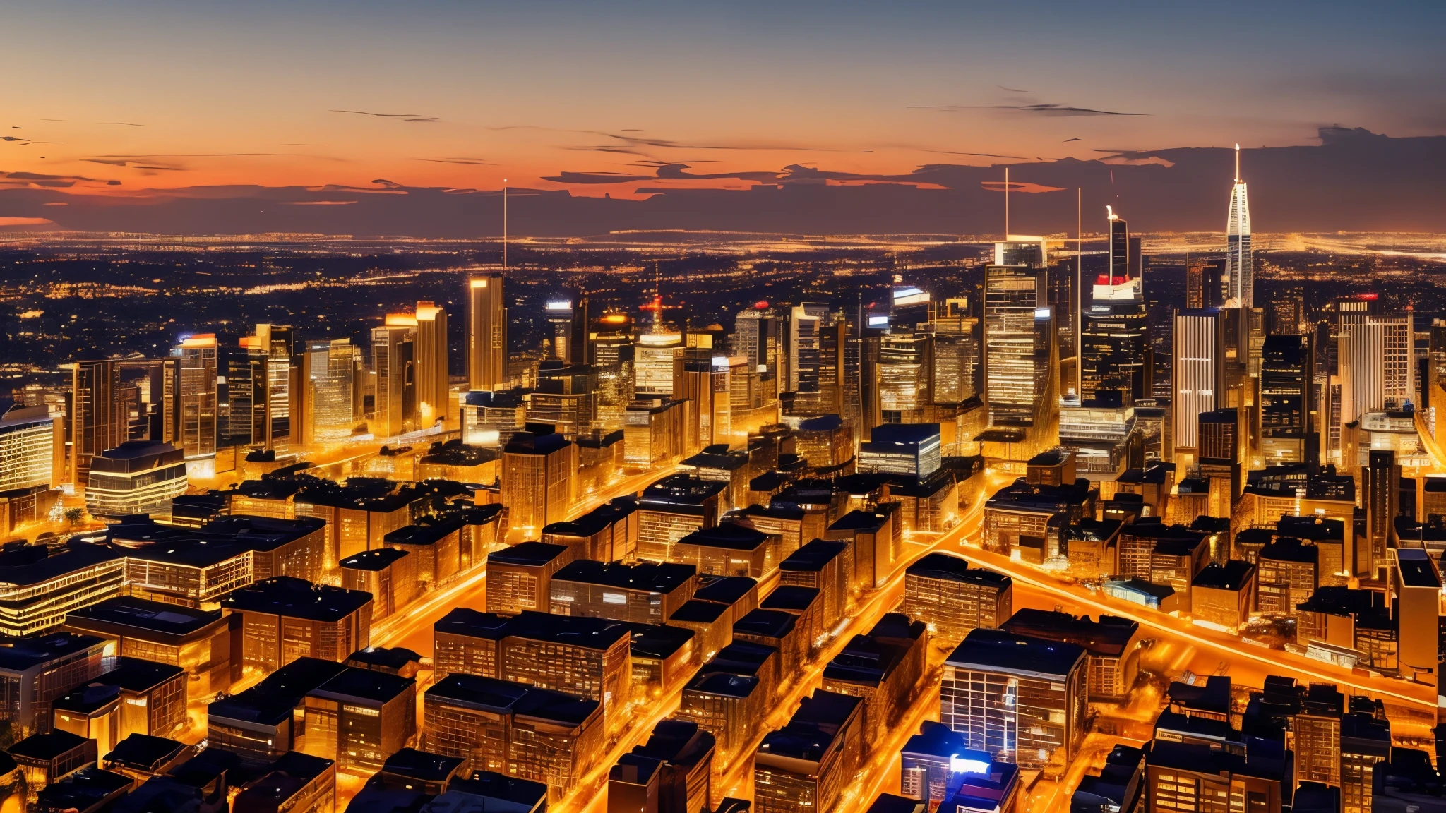 View of a large city with tall buildings illuminated by lights, as the sun sets and the sky is golden, with busy streets filled with people enjoying the evening.