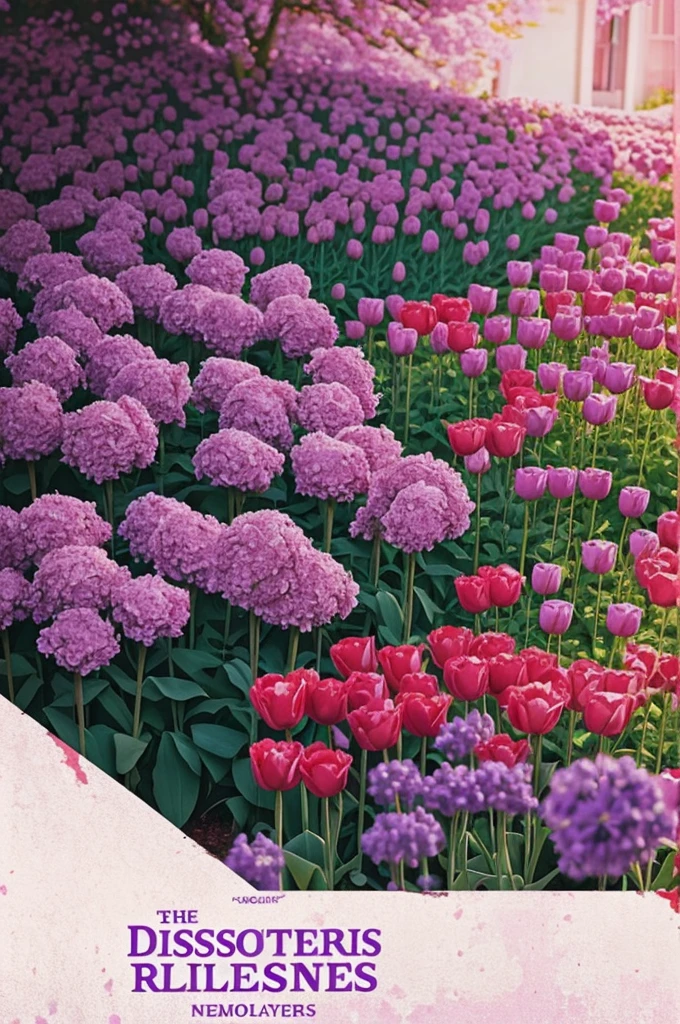 Cover of a novel, (book) where the cover stands out with paint stains, discos de vinil, flowers and melodies scattered on the cover the flowers are roses and tulips the paint stains are purple and lilac