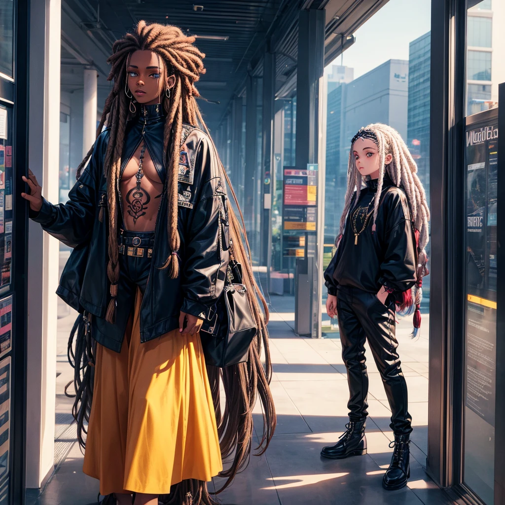 woman. mulatta. He has dreadlocks in his hair. has tattoos. He is wearing black clothes. futuristic scenery
