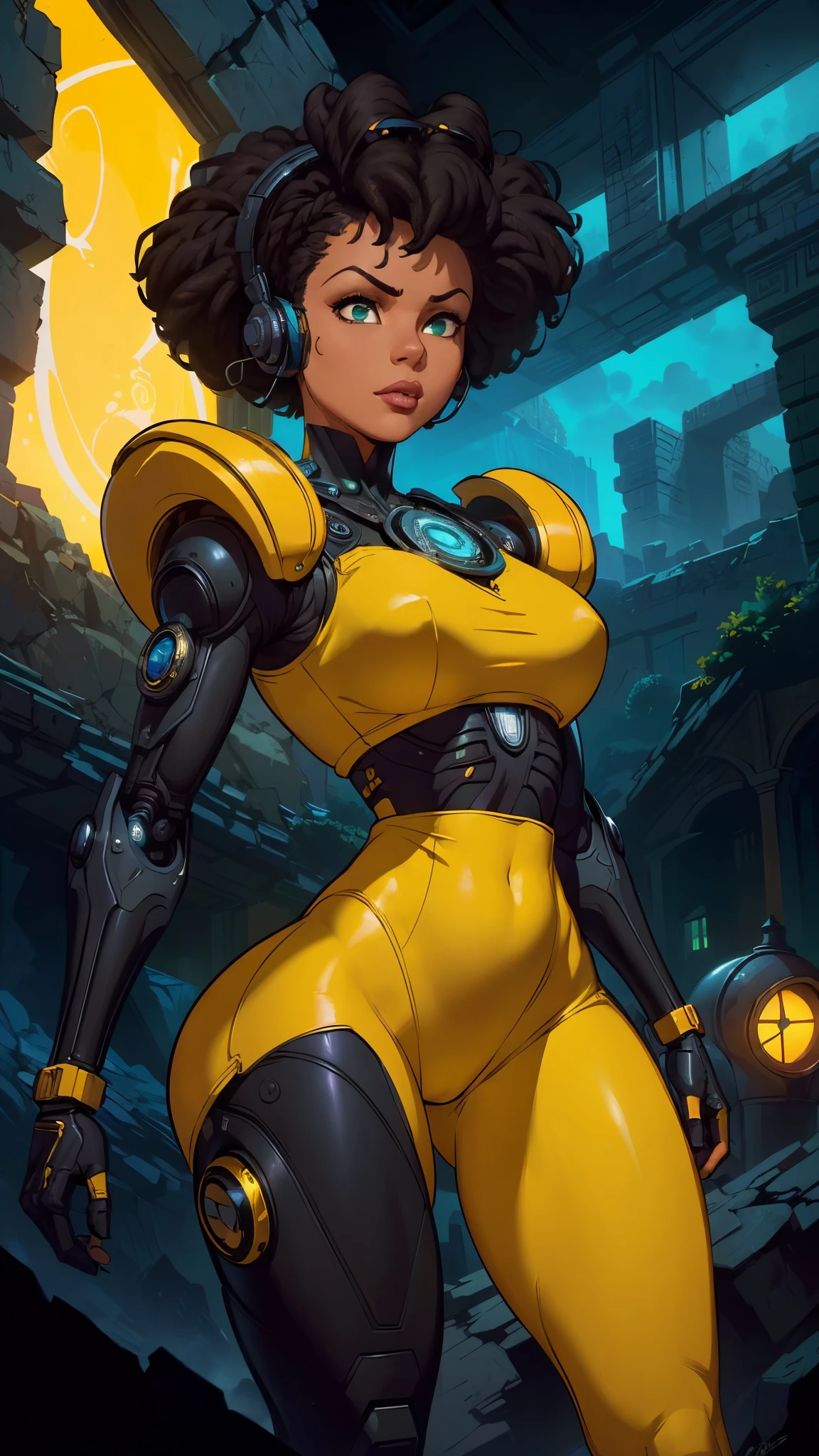 (The best quality,A high resolution,Ultra - detailed,actual),Selena Gómez with headphones on and a (yellow outfit:1.4) , (afrofuturism style:1.4) , afrofuturism, rossdraws | afrofuturism, Beeple. hyperrealism, (style hybrid mix of Beeple:1.4) , cinematic Beeple, realism | Beeple, afrofuturistic, Beeple daily art, cyberpunk art ultrarealistic 8k, cyberpunk vibrant colors,(Selena Gómez :1.4), (cinematic lighting :1.4), (perfect anatomy :1.4), ,(Fondo de ruinas de mazmorra en ruinas cyberpunk :1.4 ), (pose dinámica vaquero), (face detailed Selena Gómez :1.4), (Five Fingers, Four fingers and thumb),(cyborg yellow mecánica transparente plastic :1.4), ,(Fondo de ruinas de mazmorra en ruinas:1.4 ), (cabello afro rizado negro :1.4)