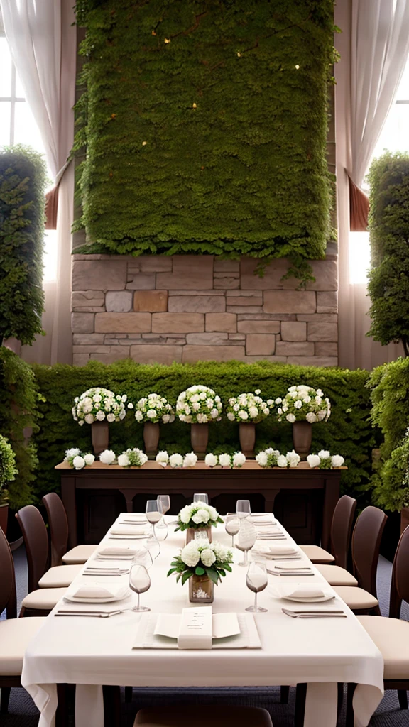 Main table of a simple and minimalist wedding party, with a panel of plants and decorative tables