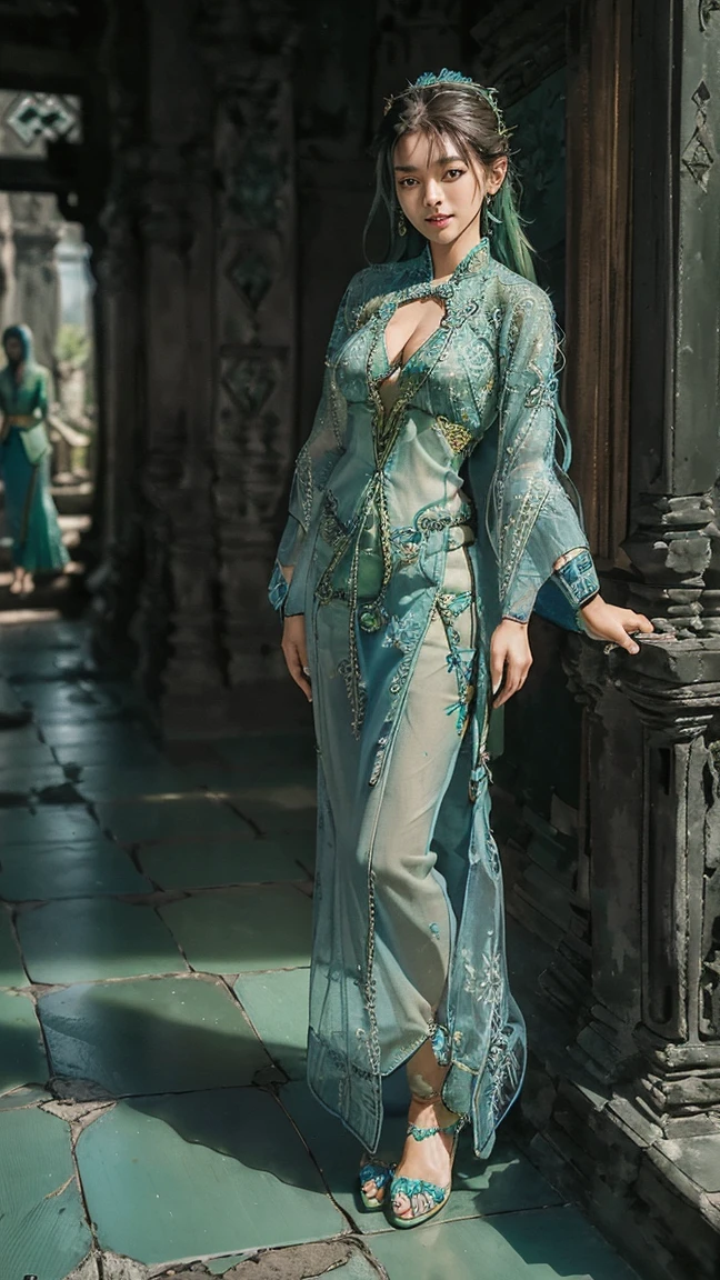 hyperphotorealistic.
braided hair, brownish hair color, blue combination.
beautiful girl 18yo, Indonesian girl.
((wearing green kebaya: 1.5)), long sleeve kebaya, chest transparent.
wearing batik cloth overalls with charming details, ((full body: 1.5)).
slightly wet road: 1.5,
slit on the side, so that her legs can be seen: 1.5,
((wearing batik shoes on her feet: 1.5,))
((background of a magnificent Prambanan temple: 1.5))

((face detail: 1.5, eye detail: 1.5, nose detail: 1.5, lip detail: 1.5, skin detail: 1.5, smooth skin: 1.5, busty: 2.0, busty: 1.5, big cleavage: 2.0, hyperphotorealistic: 1.5, big smile: 1.5, don't show 2girls: 1.5, do not show 3girl: 1.5, do not show 4girl: 1.5, HQ, 32K)), 
