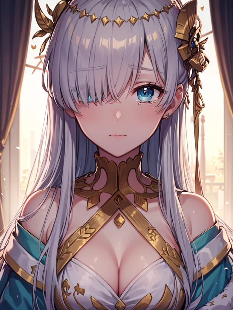 ((Crying)),((POV)),(((((Face close-up))))),(((No background)),((((Portrait of a woman alone)))))),((White Bikini))),((Exposed shoulders)),Anime art style,masterpiece,(Highest quality), (Super Detail),(Very delicate and beautiful),(alone),(Detailed face and eyes),Beautiful eyes like jewels,(A truly gorgeous jeweled ruffled rococo ball gown dress),(((Mature Woman,Queen))),fgo,anastasia, anastasia, blue eyes, Grey Hair, Hair between the eyes, (Hair on one eye:1.5), Long Hair, bangs,
BREAK blue cape, brown hair band, cape, dress, Fur trim, hair band, Royal Robes, sash, tachi-e, white dress, Wide sleeves,
BREAK looking at viewer,
BREAK indoors,
BREAK (masterpiece:1.2), Highest quality, High resolution, unity 8k wallpaper, (shape:0.8), (Beautiful attention to detail:1.6), Highly detailed face, Perfect lighting, Extremely detailed CG, (Perfect hands, Perfect Anatomy),