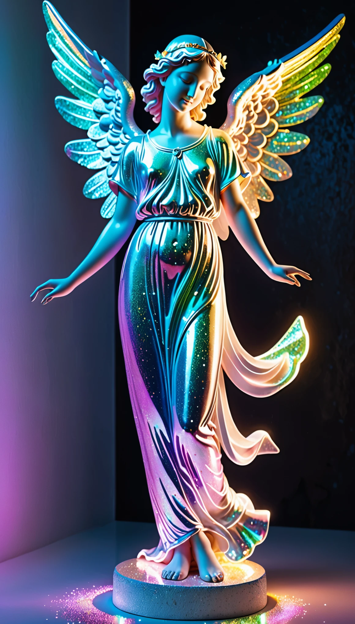 best quality, super fine, 16k, RAW photo, photorealistic, 2.5D, delicate and dynamic depiction, plaster statue of an angel, beautiful, cute, iridescent glitter effect scattered all over, neon light up